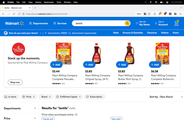 walmart search result showing ads instead of results
